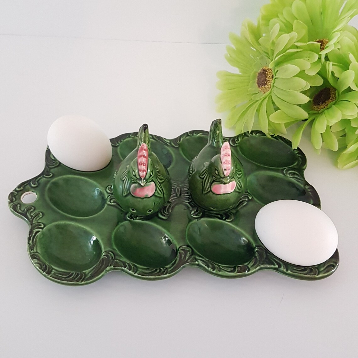 Vintage Ceramic Deviled Egg Tray with Chicken Salt Pepper Set Etsy