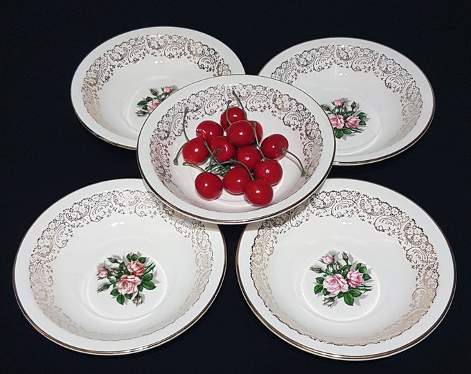 Georgian China TUDOR ROSE, Set of 5 Soup Cereal Bowls, Pink Rose Center on Ivory, 22kt Gold Overlay