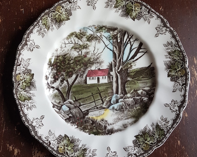 THE STONE WALL, The Friendly Village, Johnson Brothers, Dinner Plate, Made in England, Vintage Brown Transferware, Country Kitchen Decor
