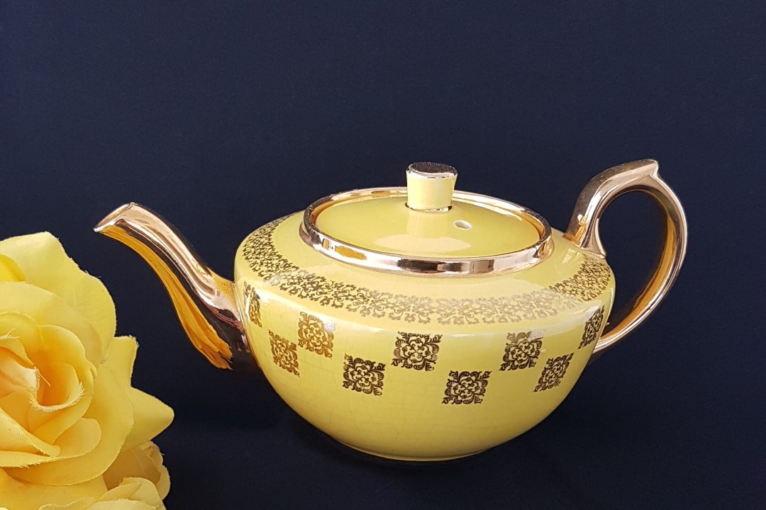 Vintage Teapot by Sudlows Burslem England, Yellow Tea Pot With Gold