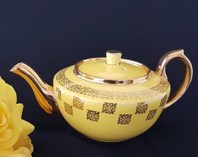 Vintage Teapot by Sudlows Burslem England, Yellow Tea Pot with Gold Square Medallions in Scroll Leaf Pattern, Made in England, 1950s