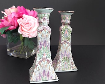 Vintage Asian Porcelain Chinoiserie Green Purple Candlesticks Holders