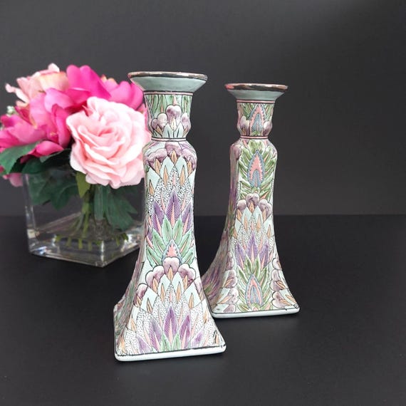 Vintage Asian Porcelain Chinoiserie Green Purple Candlesticks Holders