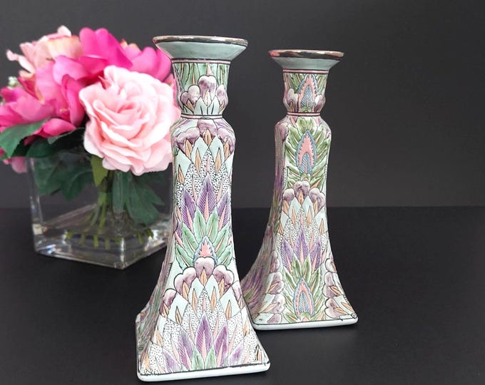 Vintage Asian Porcelain Chinoiserie Green Purple Candlesticks Holders