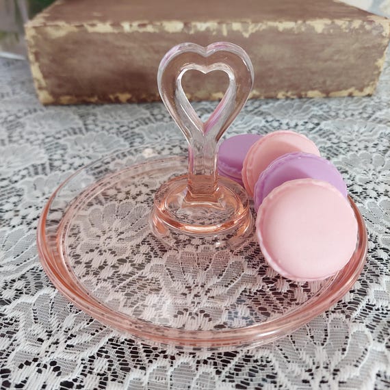 LE Smith Pink Depression Glass Tidbit Candy Dish with Heart Center Handle
