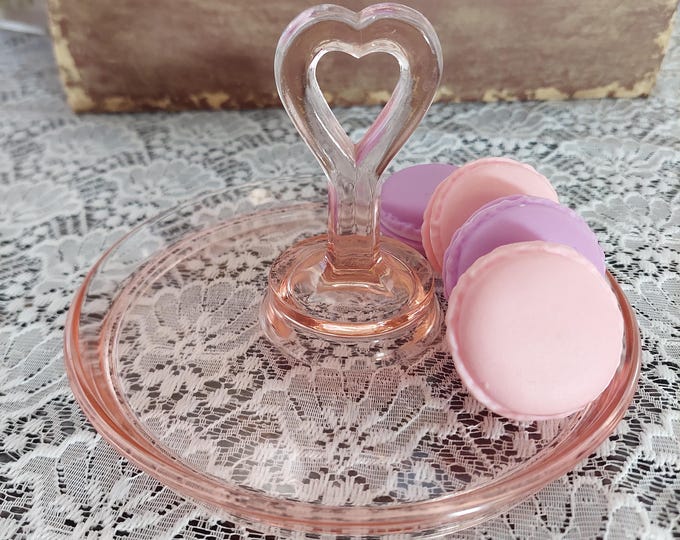 LE Smith Pink Depression Glass Tidbit Candy Dish with Heart Center Handle