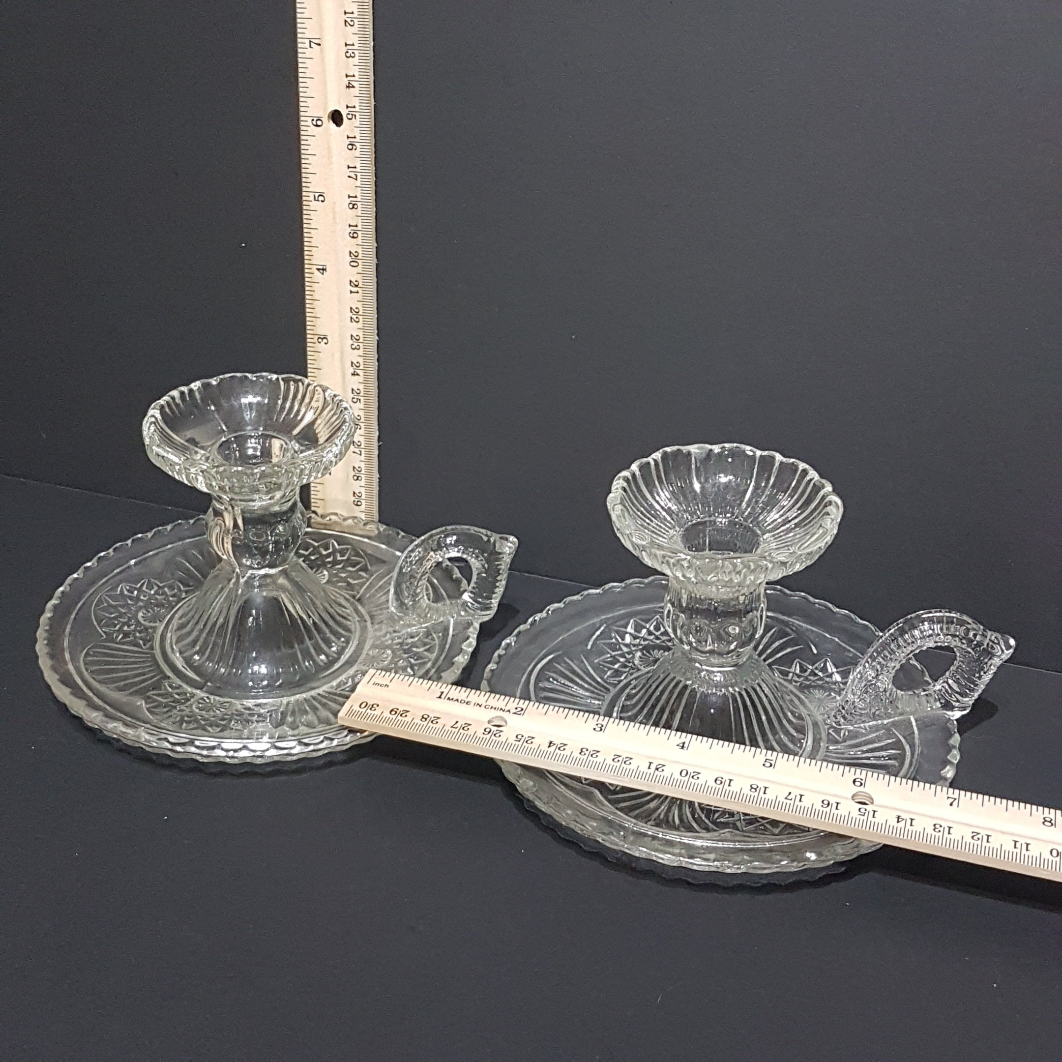 Pair of Vintage Clear Glass Taper Candle Chamberstick Holders with