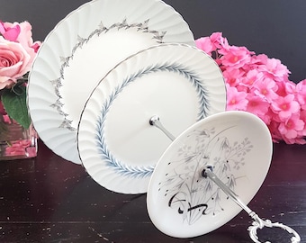 Vintage 3-Tier Tiered Cupcake Stand English Bone China Gray Silver