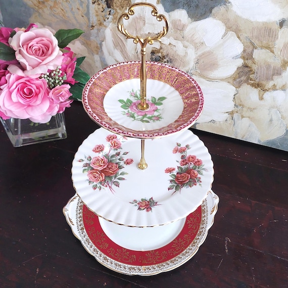 Vintage English Bone China 3 Tier Cake Stand Handmade Serving Tray