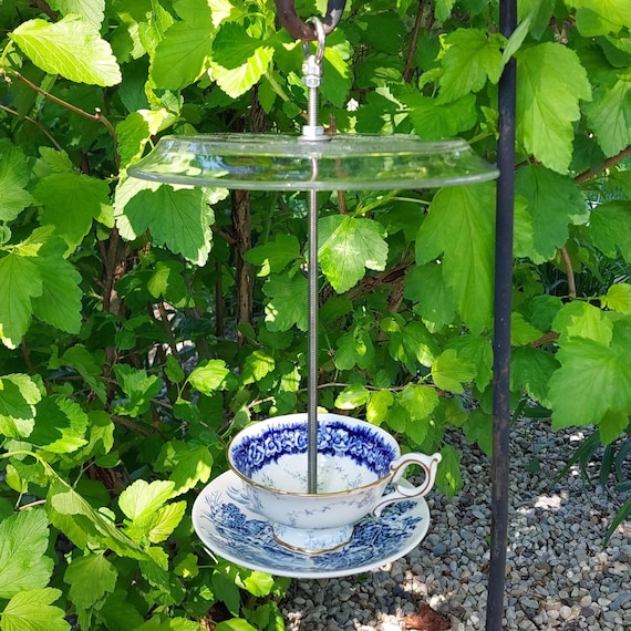 Rust-Proof Stainless Steel Teacup Bird Feeder, Vintage Upcycled China Hanging Garden Decor