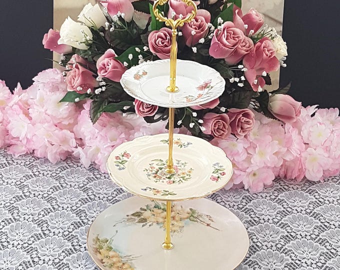 Small Floral 3 Tier Cake Stand, Tiered Dessert or Jewelry Tray, Wedding Decor