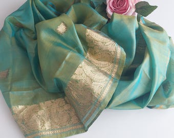 Vintage Banarasi Organza Silk Saree Green Seafoam Indian Wedding Evening Shawl