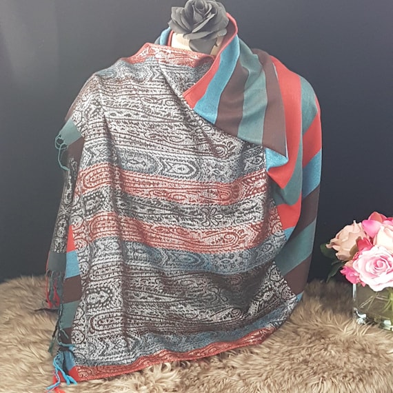 Vintage Multicolor Striped Pashmina Shawl with Paisley Detail & Metallic Thread