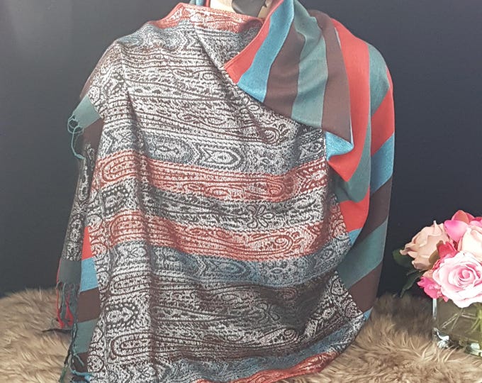Vintage Multicolor Striped Pashmina Shawl with Paisley Detail & Metallic Thread
