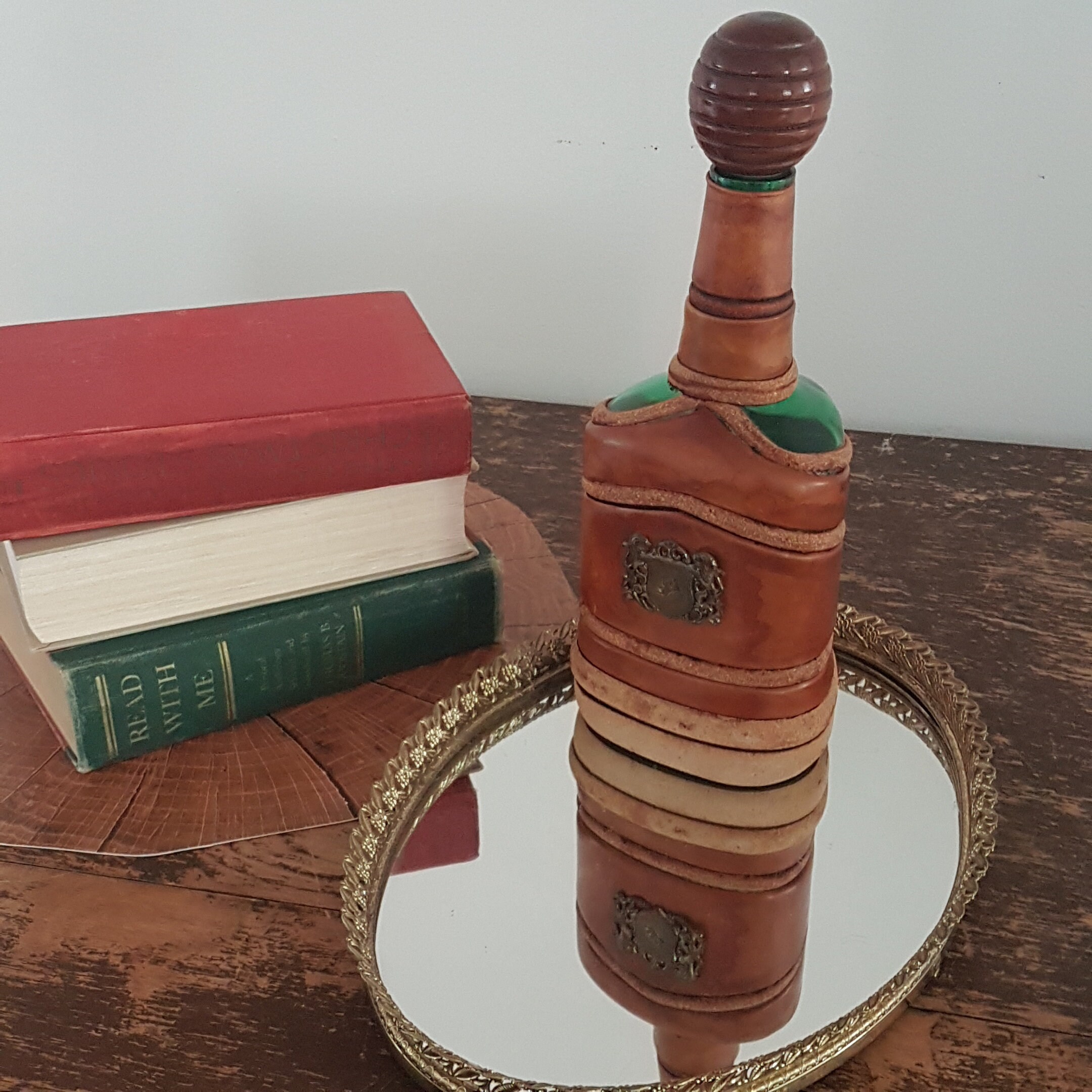 Vintage Leather Wrapped Liquor Bottle, Triangle Shape, Made in Italy