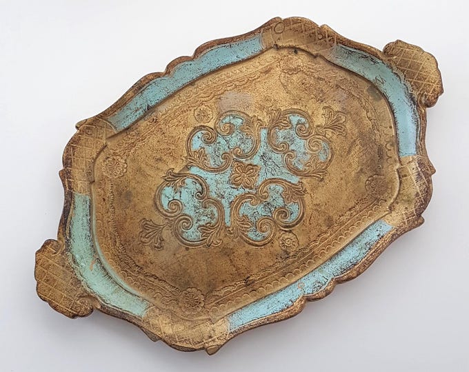 Vintage Italian Florentine Tray: Teal & Gold Rectangle Serving Platter, 13x9 inch Decorative Vanity Decor from Italy