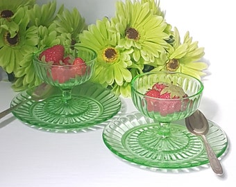 Anchor Hocking PILLAR OPTIC, Set of 2, Green Depression Glass, Dessert Bowls with Matching Saucers Plates, 1930s
