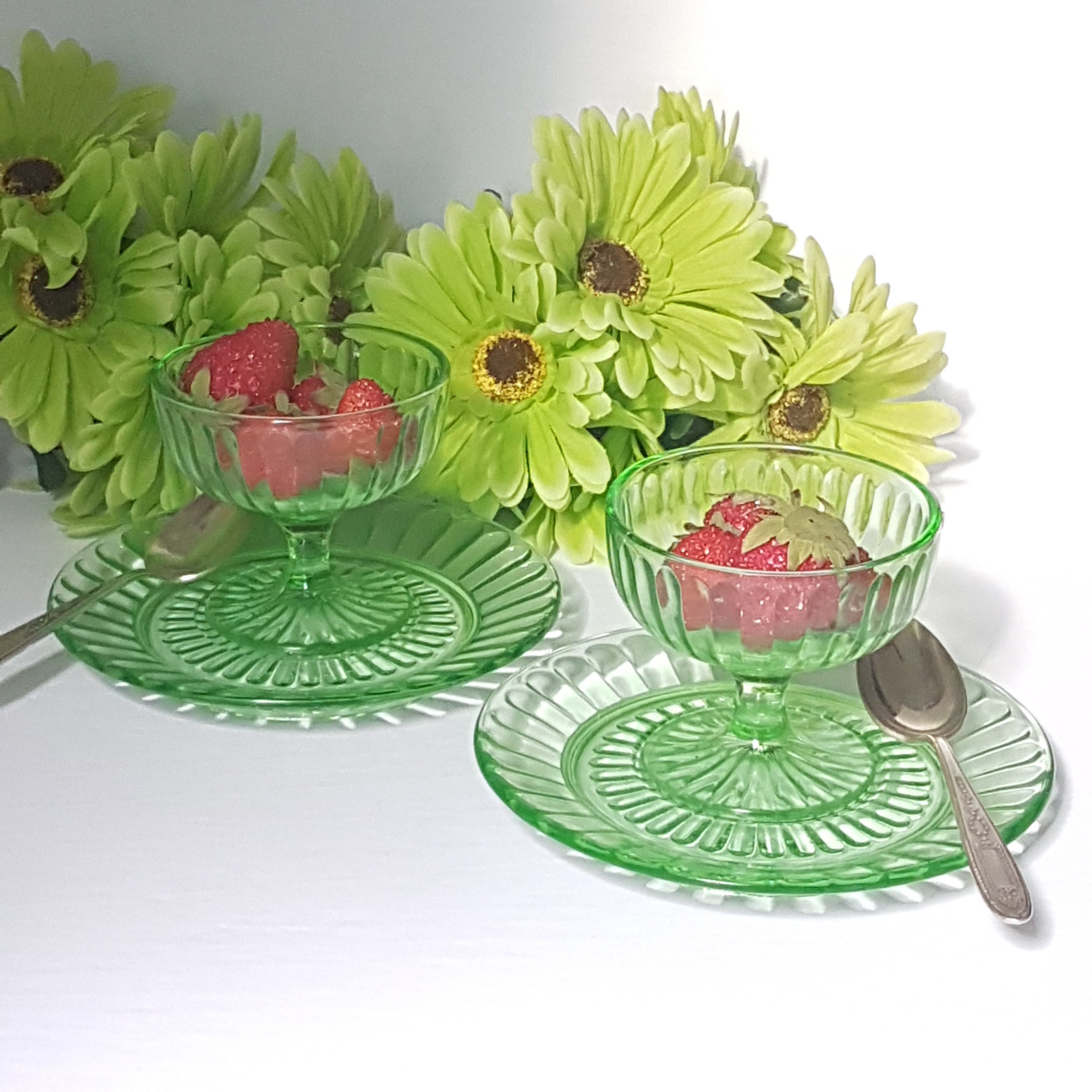 Anchor Hocking PILLAR OPTIC, Set of 2, Green Depression Glass, Dessert