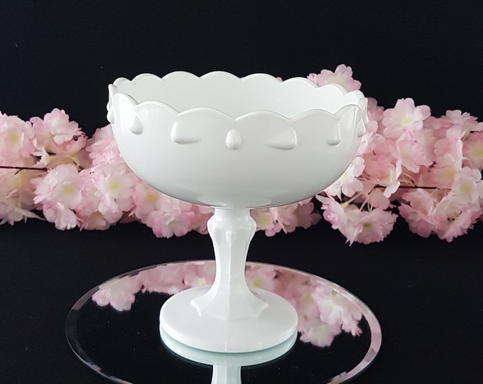 Vintage White Milk Glass Pedestal Fruit Bowl, Indiana Glass Teardrop Compote Bowl