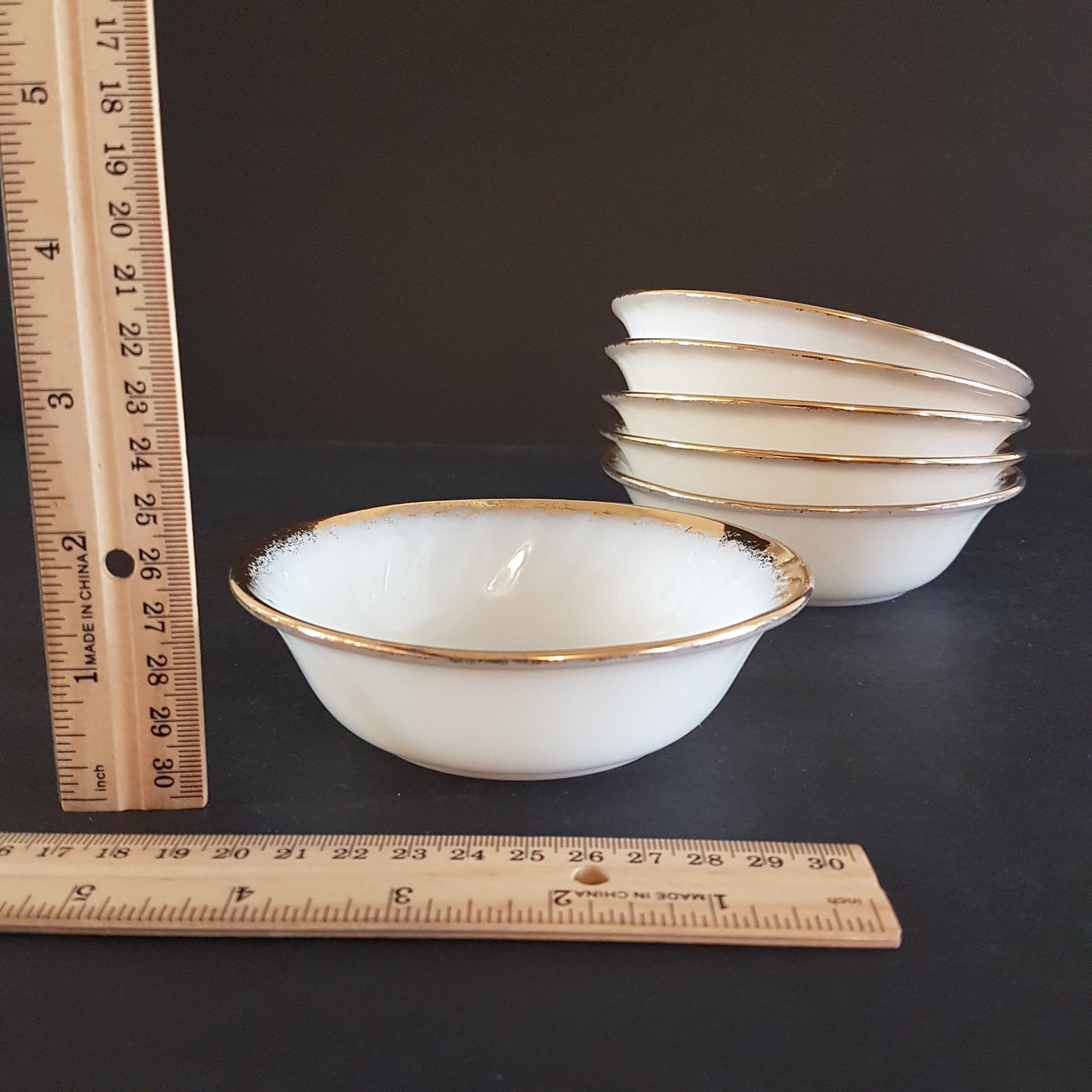 Fire King Ovenware, Set of 6 Berry Bowls, Swirled White Milk Glass