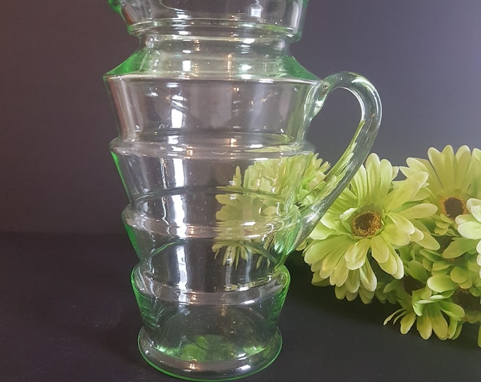 Dunbar Glass Green Glass Pitcher, Graduated Stepped Glass Jug, Hand Blown Glass Applied Handle