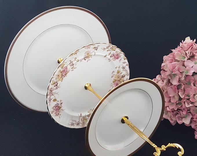 3 Tier Cake Stand, Vintage Mismatch Limoges Plates, White Pink and Brown, Bridal Tea Party Serving Tray