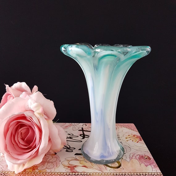 Vintage Mexican Blown Glass Vase, Blue and White Swirl Ruffled Rim, 6 Inch