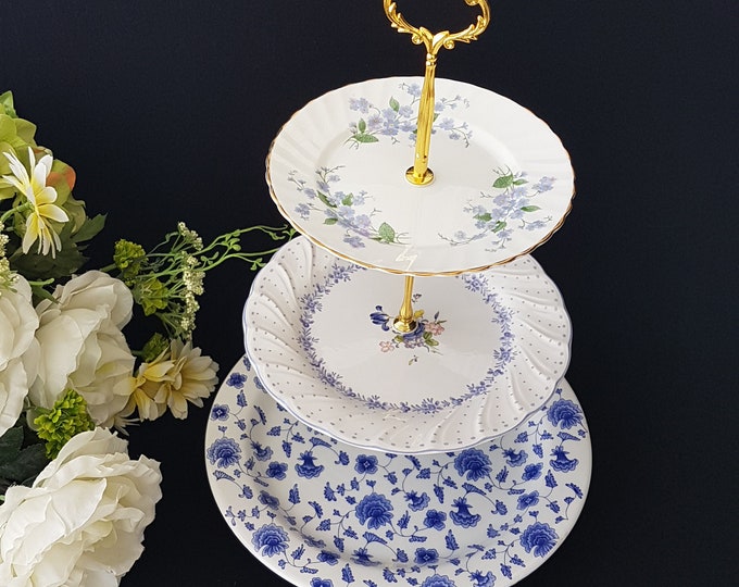 3 Tier Cake Stand, Mismatched Vintage Plates, Floral Blue Purple White Pattern, Afternoon Tea Party, Serving Tray