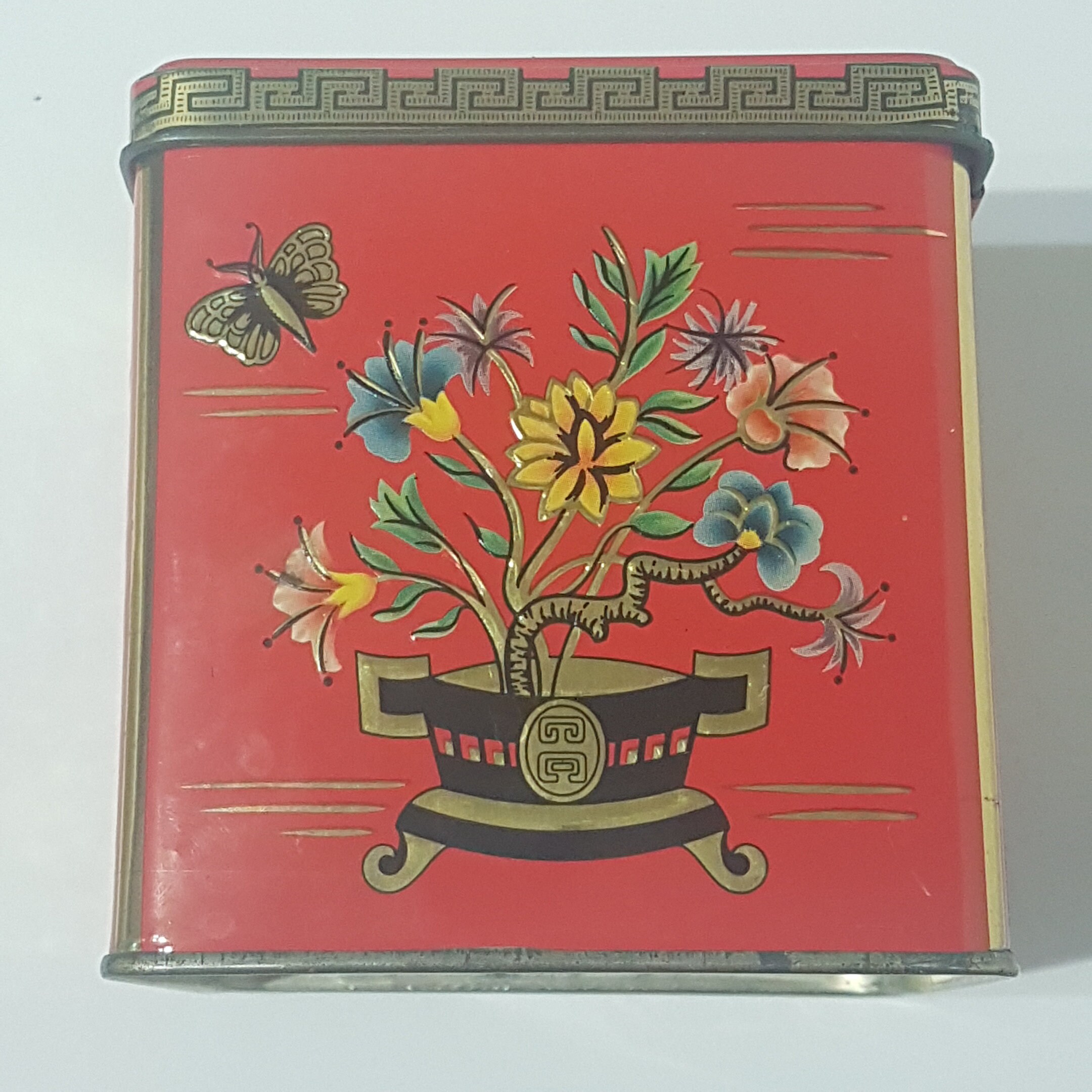 Vintage Red Grace Baret Ware Biscuit Tin Can, Asian Oriental, Red Small