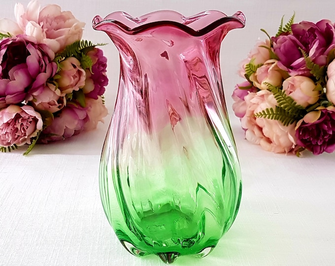 Vintage Blown Glass Flower Vase, 7 inch, Pink Green Watermelon Art Glass