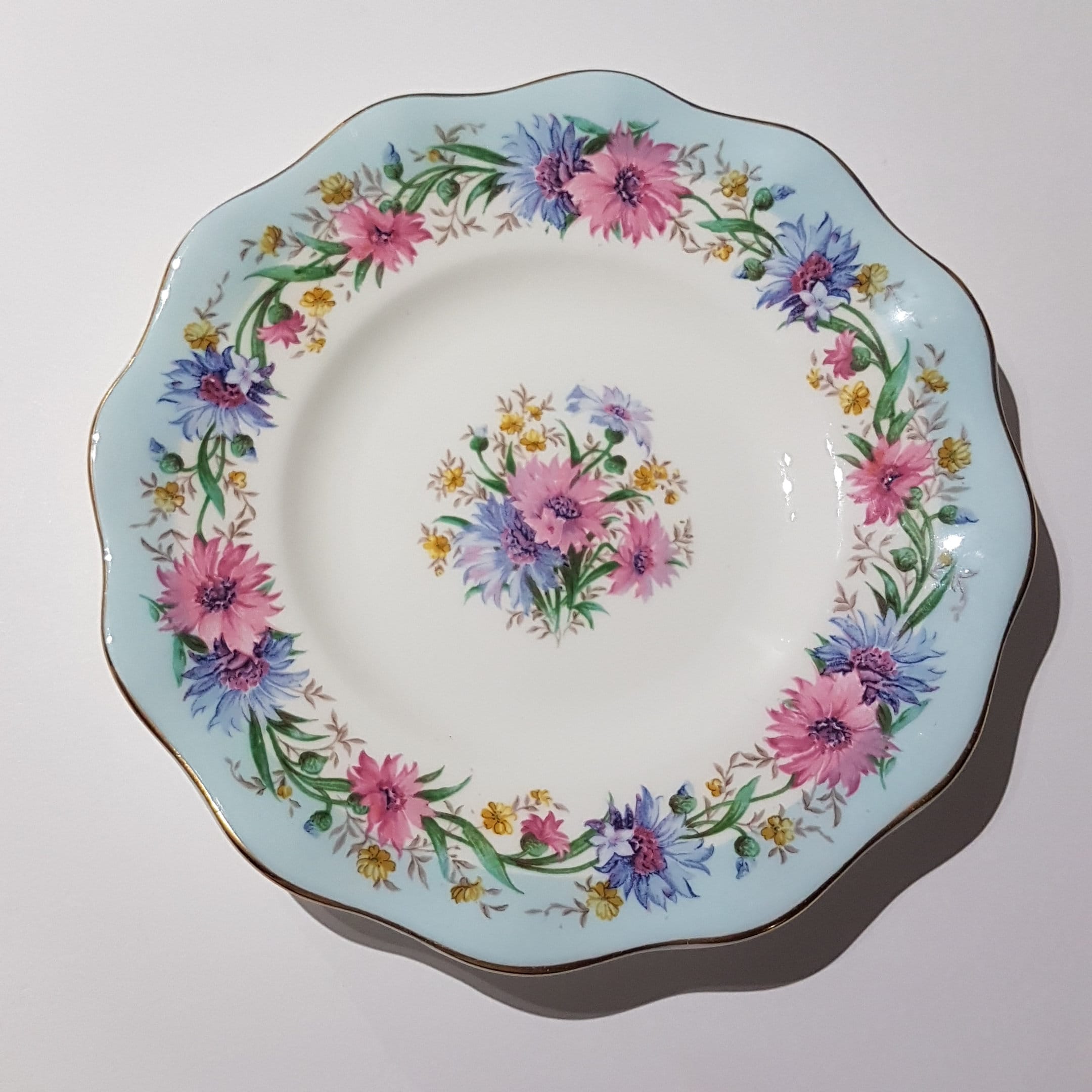 EB Foley CORNFLOWER BLUE 6 Bread & Butter Plates, Floral on Blue 6 Pc