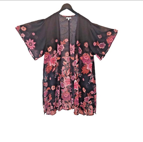 Black Floral Sheer Kimono Open Front Beach Cover-up Vintage Boho Festival Duster XL