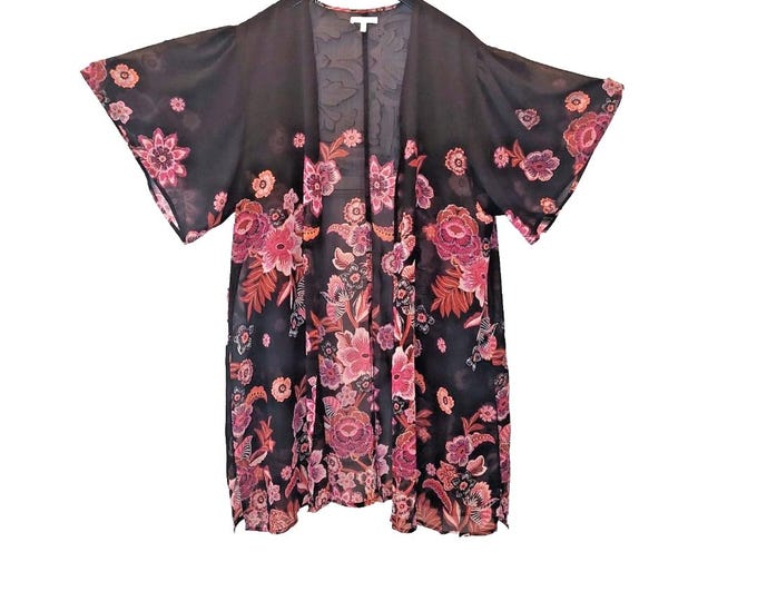 Black Floral Sheer Kimono Open Front Beach Cover-up Vintage Boho Festival Duster XL