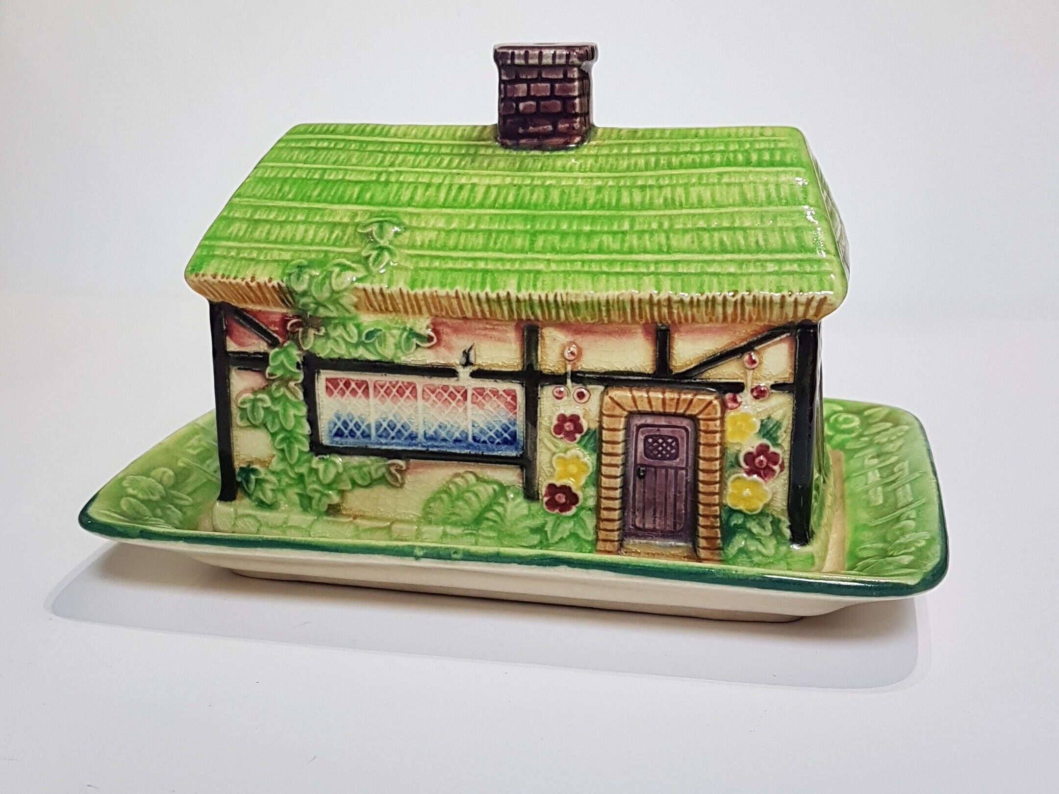 Marutomo Ware Cottage Butter Dish, Green Thatch Roof, Vintage Figural