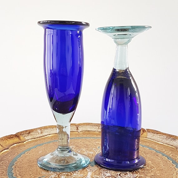 Cobalt Blue Mexican Hand-Blown Glass Champagne Flutes (Set of 2)