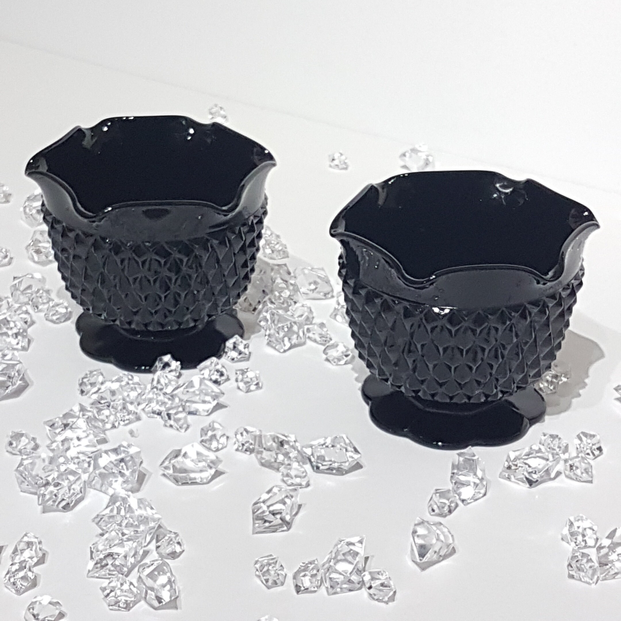 Pair of Candlestick Holders, Indiana Glass Cameo Black Diamond Point