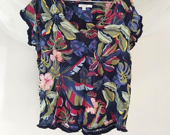 Chicos Linen Flutter Sleeve Wild Rainforest Tropical Print V-Neck Fringe Hem Summer Blouse XL