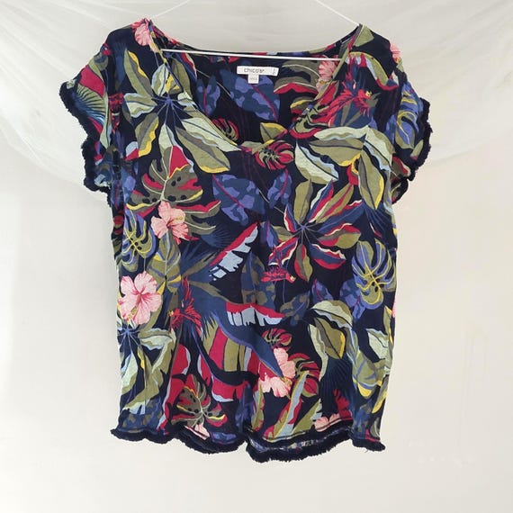 Chicos Linen Flutter Sleeve Wild Rainforest Tropical Print V-Neck Fringe Hem Summer Blouse XL