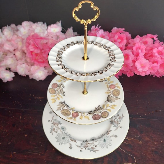 Vintage English Bone China 3-Tier Cake Stand, Mismatched Floral Afternoon Tea Server, Handcrafted Gift