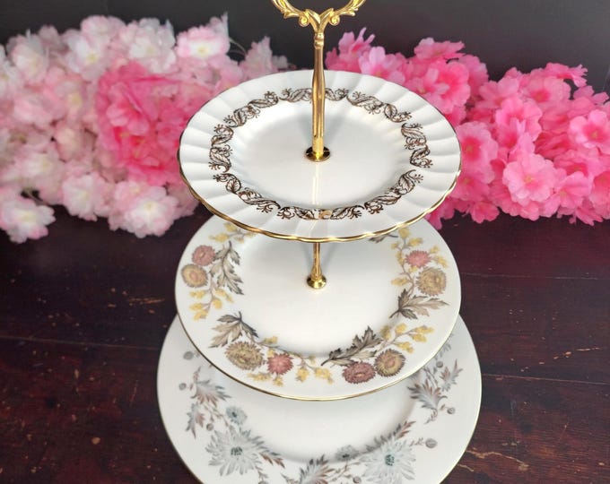 Vintage English Bone China 3-Tier Cake Stand, Mismatched Floral Afternoon Tea Server, Handcrafted Gift