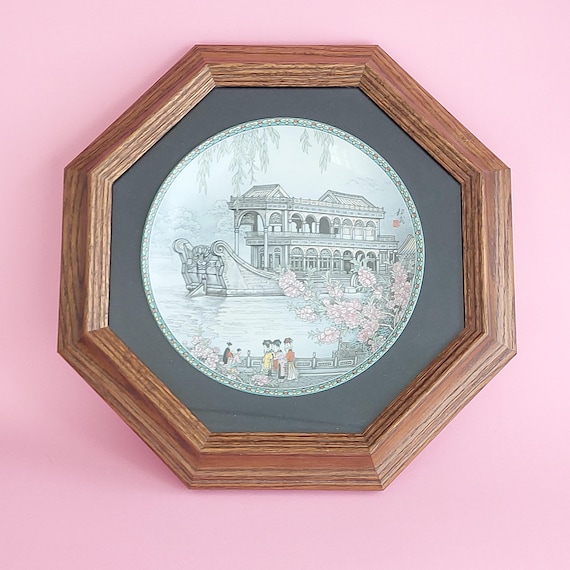 Vintage 1988 Imperial Jingdezhen Porcelain The Marble Boat Collector Plate Framed Chinoiserie Wall Art