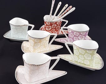 18pc SO French Decor du Galion Roses Pastel Porcelain Coffee Set for 6 with Triangular Cup and Saucer Spoons in Original Box