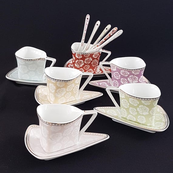 Vintage SO French Pastel Porcelain Coffee Set: Triangular Cups, Rose Decor