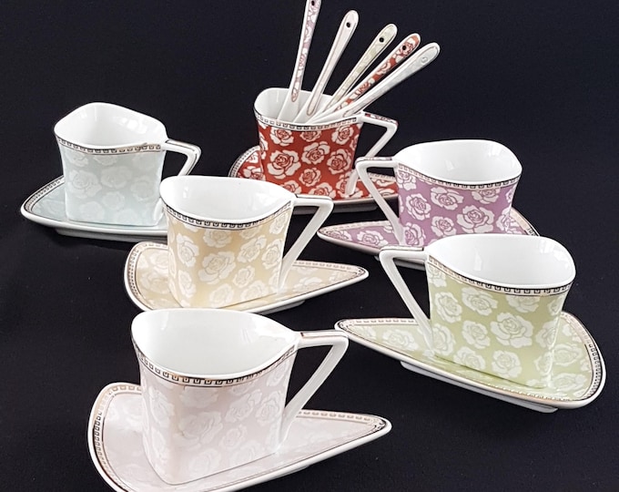 18pc SO French Decor du Galion Roses Pastel Porcelain Coffee Set for 6 with Triangular Cup and Saucer Spoons in Original Box