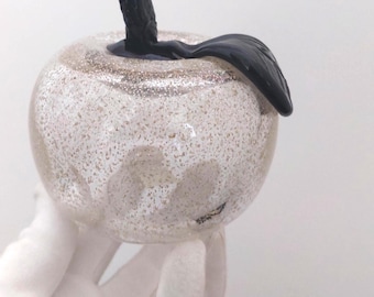 Murano Clear Blown Glass Apple Figurine Golden Fleck Black Leaf Stem Fruit Paperweight