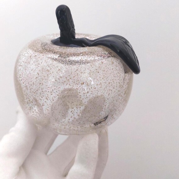 Murano Clear Blown Glass Apple Figurine Golden Fleck Black Leaf Stem Fruit Paperweight