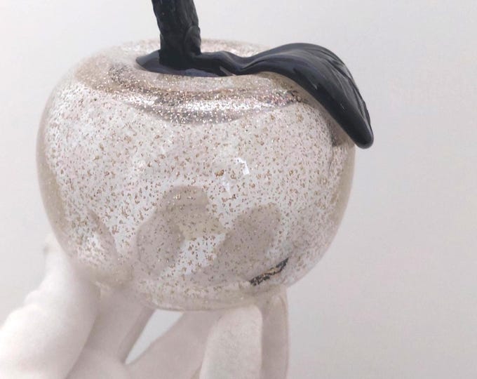 Murano Clear Blown Glass Apple Figurine Golden Fleck Black Leaf Stem Fruit Paperweight