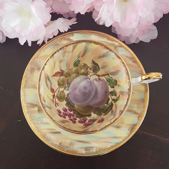 Old Royal Bone China Teacup and Saucer, Vintage Orchard Fruit Design, Purple Plum Grapes