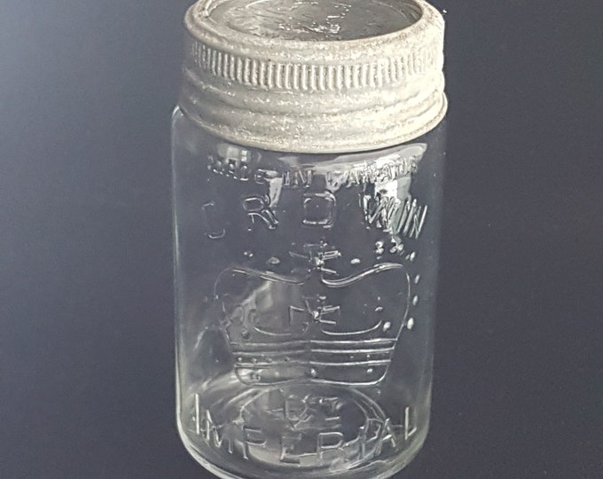 1938 Crown Mason Jar with Glass Lid, Vintage Clear Glass Pint Canning Jar