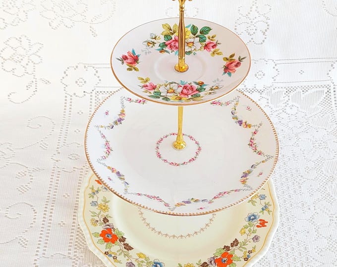 Handmade 3-Tier Bone China Cake Stand Mismatched Floral China English Tea Party Tiered Server
